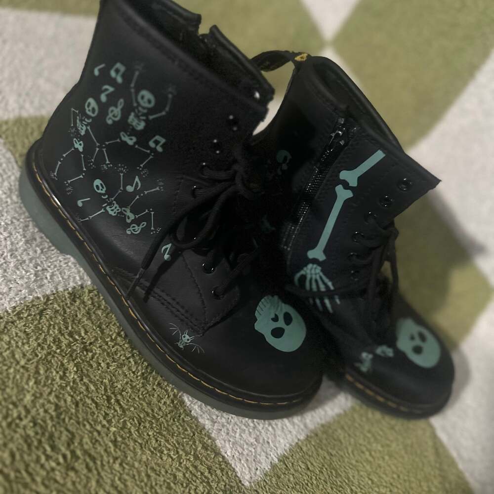 Dr. Martens 1460 Junior Skelly Print Leather Lace Up Boots Black